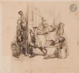 Le Bain des animaux by Jean Ignace Isidore Gérard Grandville, Plume et encre brune, sur traits de crayon noir et rehauts d’aquarelle, sold Nov 2024