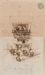 Le Spectacle des saltimbanques à la fenêtre by Jean Ignace Isidore Gérard Grandville, Plume et encre brune sur traits de crayon noir, sold Nov 2024