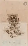 Le Spectacle des saltimbanques à la fenêtre by Jean Ignace Isidore Gérard Grandville, Plume et encre brune sur traits de crayon noir, sold Nov 2024