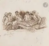 Un montage comprenant deux dessins: Enfants jouant autour d’un matelas / Le Coq invalide by Jean Ignace Isidore Gérard Grandville, Plume et encre brune sur traits de crayon noir, sold Nov 2024