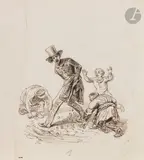 Un montage avec deux dessins: La Descente du fiacre/ La Poche trouée by Jean Ignace Isidore Gérard Grandville, Plume et encre brune, sur traits de crayon noir, sold Nov 2024