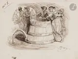 Le Tonneau des danaïdes by Jean Ignace Isidore Gérard Grandville, Plume et encre brune sur traits de crayon noir, sold Nov 2024