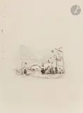 Soufflet semant la tempête, petites études de personnages en bas à droite by Jean Ignace Isidore Gérard Grandville, Plume et encre brune, crayon noir et estompe, sold Nov 2024