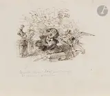 Un montage comprenant deux dessins: Femmes et fumeur, reprise des figures dans le bas /Lettres à répondre by Jean Ignace Isidore Gérard Grandville, Plume et encre brune, sur traits de crayon noir, sold Nov 2024
