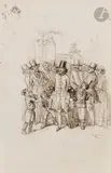 Dandy romantique moqué par la foule, esquisse d’une main en haut à gauche by Jean Ignace Isidore Gérard Grandville, Plume et encre brune sur traits de crayon noir, sold Nov 2024