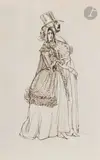 Un montage comprenant deux dessins: Jeune femme au tablier / Couple élégant by Jean Ignace Isidore Gérard Grandville, Plume et encre brune, sur traits de crayon noir, sold Nov 2024