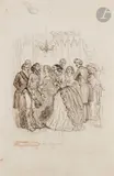 L’Arrivée au bal, dans le haut une étude de tête et de mains by Jean Ignace Isidore Gérard Grandville, Plume et encre brune, sur traits de crayon noir et estompe, sold Nov 2024