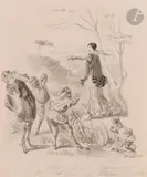 Latone change en grenouille les paysans de Lycie by Jean Ignace Isidore Gérard Grandville, Lavis gris sur traits de crayon noir et rehauts de gouache blanche, sold Nov 2024