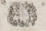 Piste de cirque animée vue d’en haut, reprise de la figure principale, accolée sur le bord droit by Jean Ignace Isidore Gérard Grandville, Plume et encre brune, sur traits de crayon noir et rehauts de gouache blanche pour les rep, sold Nov 2024