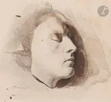 Masque mortuaire by Jean Ignace Isidore Gérard Grandville, Plume et encre brune, lavis brun sur traits de crayon noir, sold Nov 2024