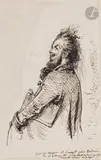 Un montage comprenant deux dessins: Un portrait charge d’homme tenant une bourse/ Homme portant un portfolio by Jean Ignace Isidore Gérard Grandville, Plume et encre brune sur traits de crayon noir, sold Nov 2024