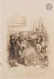 La Bénédiction des mariés by Jean Ignace Isidore Gérard Grandville, Plume et encre brune sur traits de crayon noir, sold Nov 2024