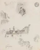 Feuille d’études avec études de toits, chien et éléments architecturaux by Jean Ignace Isidore Gérard Grandville, Crayon noir, sold Nov 2024