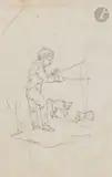 Un montage comprenant six vignettes: Femme à l’ombrelle/ Un violoniste/ Un joueur de diabolo/ Laie et marcassins/ Pégase by Jean Ignace Isidore Gérard Grandville, Crayon noir, sold Nov 2024