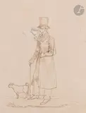 Élégant et son chien, reprise de la tête sur la gauche et sur la droite by Jean Ignace Isidore Gérard Grandville, Plume et encre brune sur traits de crayon noir, sold Nov 2024