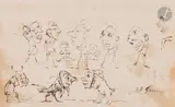 Un montage comprenant un dessin et deux vignettes: Feuille d’études avec des personnages portant des masques/ Trois personnages en pied/ Homme au chapeau by Jean Ignace Isidore Gérard Grandville, Plume et encre brune sur traits de crayon noir, sold Nov 2024