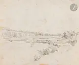 Un montage comprenant deux dessins: Paysage fluvial/ Feuille d’études avec calvaire, silhouettes, mains et hibou by Jean Ignace Isidore Gérard Grandville, Crayon noir, plume et encre brune, sold Nov 2024