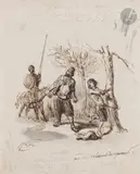 Don Quichotte délivrant une prisonnière attachée à un arbre by Jean Ignace Isidore Gérard Grandville, Plume et encre brune, lavis brun sur traits de crayon noir, sold Nov 2024