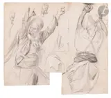 Feuille d’étude pour le personnage au centre de la bataille de Mazagran by Félix Philippoteaux, Fusain, crayon graphite et rehauts de craie blanche, sold Nov 2024