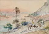 Paysage orientaliste by Louis Amable Crapelet, 1868, Aquarelle gouachée, plume et encre brune, sold Nov 2024