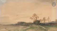 Promeneur dans un paysage au soleil levant by Félix Ziem, Aquarelle sur traits de crayon noir, sold Nov 2024