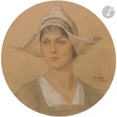 Portrait de femme by Élisabeth Sonrel, Crayon noir, sanguine et craie blanche sur papier en tondo, sold Nov 2024