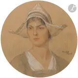 Portrait de femme by Élisabeth Sonrel, Crayon noir, sanguine et craie blanche sur papier en tondo, sold Nov 2024