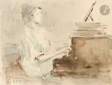 La Jeune pianiste by Georges Victor-Hugo, Crayon noir, estompe, plume et encre brune et aquarelle, sold Nov 2024