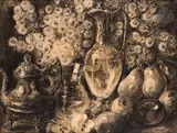 Verreries et argenterie, fruits et fleurs by Louise Hervieu, Craie Conté, estompe, lavis d’encre brune et grattage, sold Nov 2024