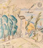 Village en bord de mer by Adolphe Beaufrère, 1933, Aquarelle et crayon, sold Nov 2024
