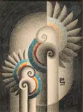 Composition by Marcel Lempereur-Haut, Mine de plomb et crayons de couleurs, sold Nov 2024
