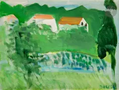 Les Maisons en bord de rivière by Francisco Bores, 1954, Gouache sur carton, sold Oct 2024