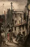 Personnages dans une ruelle by Albert Locca, 1957, Aquarelle et encre sur papier, sold Oct 2021