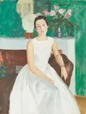 Portrait de jeune femme à la robe blanche by Jean Launois, Gouache sur papier marouflé sur carton, sold Jul 2021
