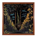 DUMAINE LYON « La ville du futur by Jean Coulon, Panneau en verre noir entièrement taillé d'un décor futuriste rehaussé d'émaux polychromes, sold Jul 2021