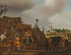 Campement militaire by Joost Cornelisz. Drochsloot, Panneau de chene, deux planches, non parqueté (Restaurations anciennes, sold Jun 2021