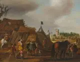 Campement militaire by Joost Cornelisz. Drochsloot, Panneau de chene, deux planches, non parqueté (Restaurations anciennes, sold Jun 2021