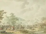 Choc de cavalerie by Dirk Langendijk, Plume et encre brune, aquarelle partiellement gouachée, sold Jun 2021