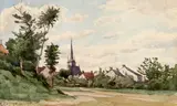 Saint-Privé, l'église du village (Yonne) by Henri Harpignies, 1879, Aquarelle, sold Dec 2018