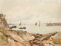 Barques de pêcheurs à la sortie du port by Paul Lecomte, Aquarelle, sold Dec 2018