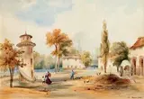 Vue des communs de Sainte-Assise by Auguste Caron, 1831, Aquarelle signée et datée, sold Oct 2018