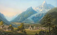Vue du Bourg de Chamonix de la Mer de Glace et de l'Aiguille Verte, circa 1820 by Jean Dubois, Aquatinte gouachée, sold Dec 2018