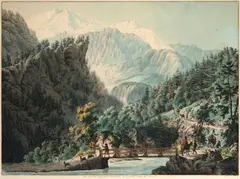 Vue du Pont Pélissier à l'extrémité de la petite Vallée de Servoz, circa 1790 by Jean-Daniel Huber, Aquarelle sur trait gravé, sold Dec 2018
