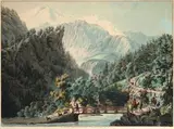 Vue du Pont Pélissier à l'extrémité de la petite Vallée de Servoz, circa 1790 by Jean-Daniel Huber, Aquarelle sur trait gravé, sold Dec 2018