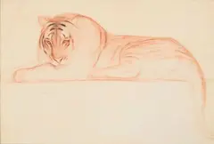 Tigre couché by Auguste Trémont, Sanguine sur papier, sold Oct 2018
