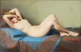Nu allongé les bras levés by Robert Louis Raymond Duflos, Pastel sur papier marouflé sur toile, sold Oct 2018