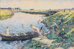 Baigneurs by Modest Huys, Aquarelle et fusain, sold Oct 2018
