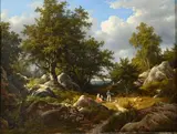 Chasseurs et ramasseuses de fagots en forêt de Fontainebleau by Alphonse Robert, Toile d'origine, sold Sep 2023