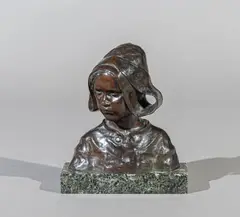 La petite bretonne by Ruth Anna Maria Milles, Épreuve en bronze à patine brune sur socle quadrangulaire en marbre vert et noir (éclats), sold Jun 2024