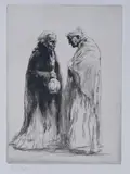 Deux vieilles femmes conversant by Edgar Chahine, Eau-forte d'illustration, épreuve sur vélin signée au crayon en bas à gauche, sold May 2024